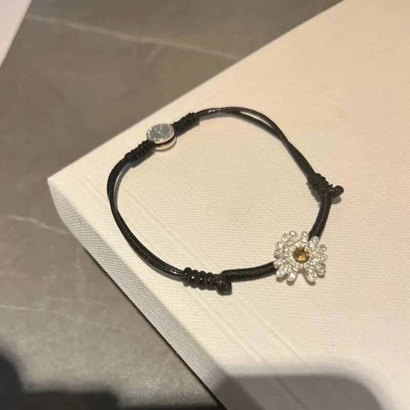 

KPOP G-Dragon Peaceminusone Full Diamond 925 Silver Daisy Adjustable Black Rope Bracelet Personality Fashion Clothing Accessorie