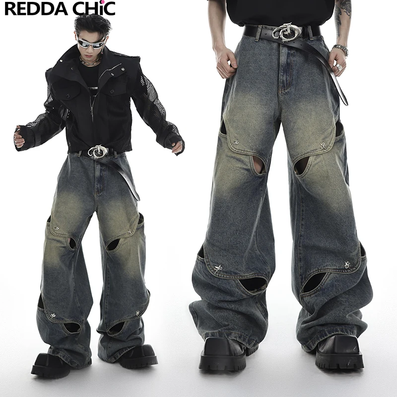 

Мужские Винтажные мешковатые джинсы ReddaChic в стиле 90-х годов, широкие свободные брюки с вырезами, уличная одежда в стиле Харадзюку, хип-хоп