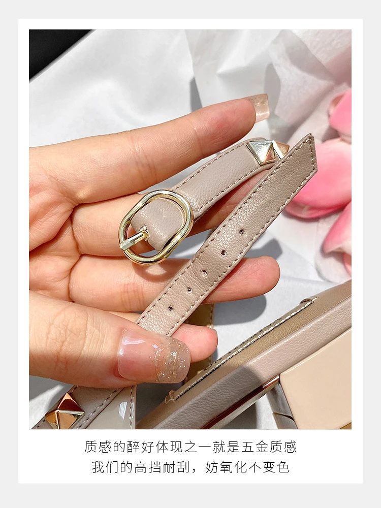 Genuine Leather Rivet Thick Heel Wrapped Sandals For Women's Summer 2023 New Pointed 3cm Low Heel Retro Fashion Single Shoes 41