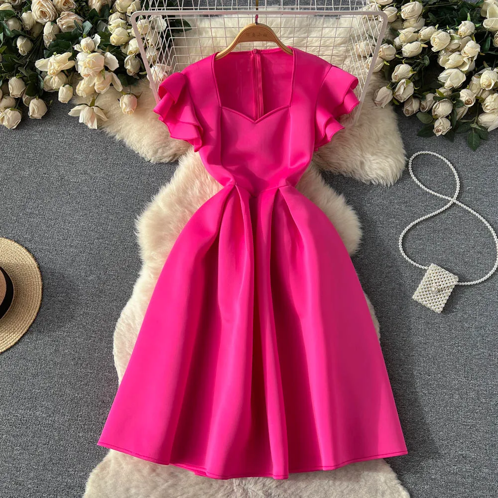 

Amolapha Women Design Square Neck Flound-edged Short Sleeve Pleated Fashion Temperament High Waist Dress