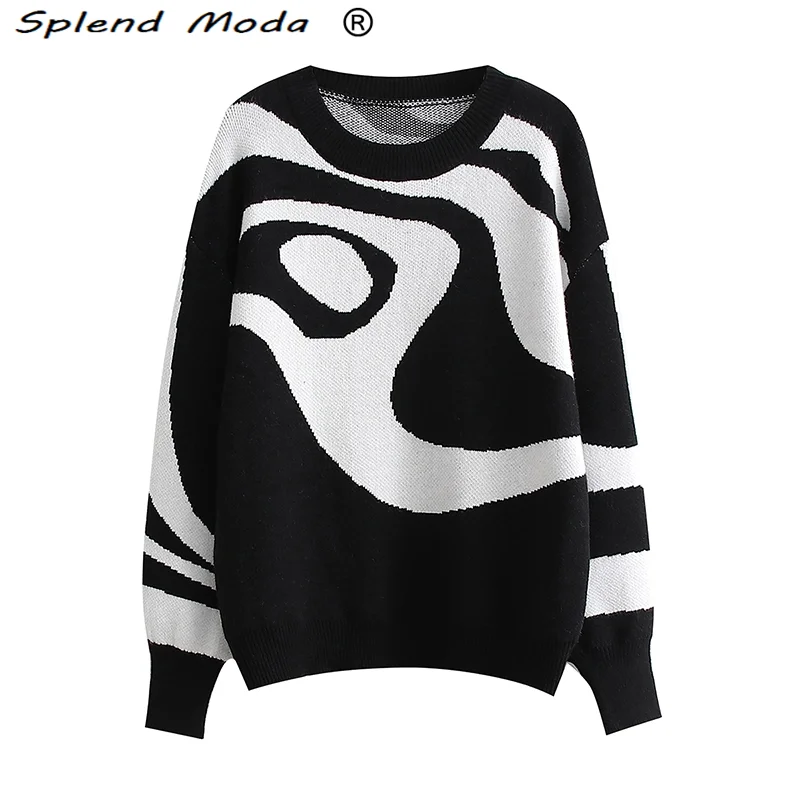 

Splend Moda Casual Chic Black Jacquard Loose Knitted Pullovers Women Autumn Knitwear Long Sleeve Sweaters Female Fashion Jumpers
