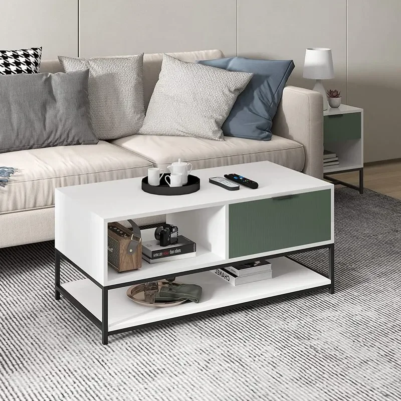 

Modern Wooden 1 Drawer Rectangle Coffee Table, White/Green For Bathroom Kitchen Accessories