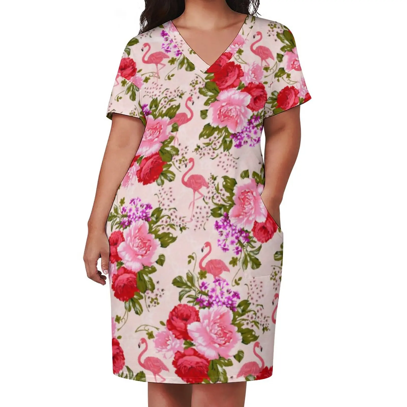 Tropical Baroque Floral Dress V Neck Vintage Pink Roses Aesthetic Dresses Retro Casual Dress Womens Graphic Plus Size Clothing