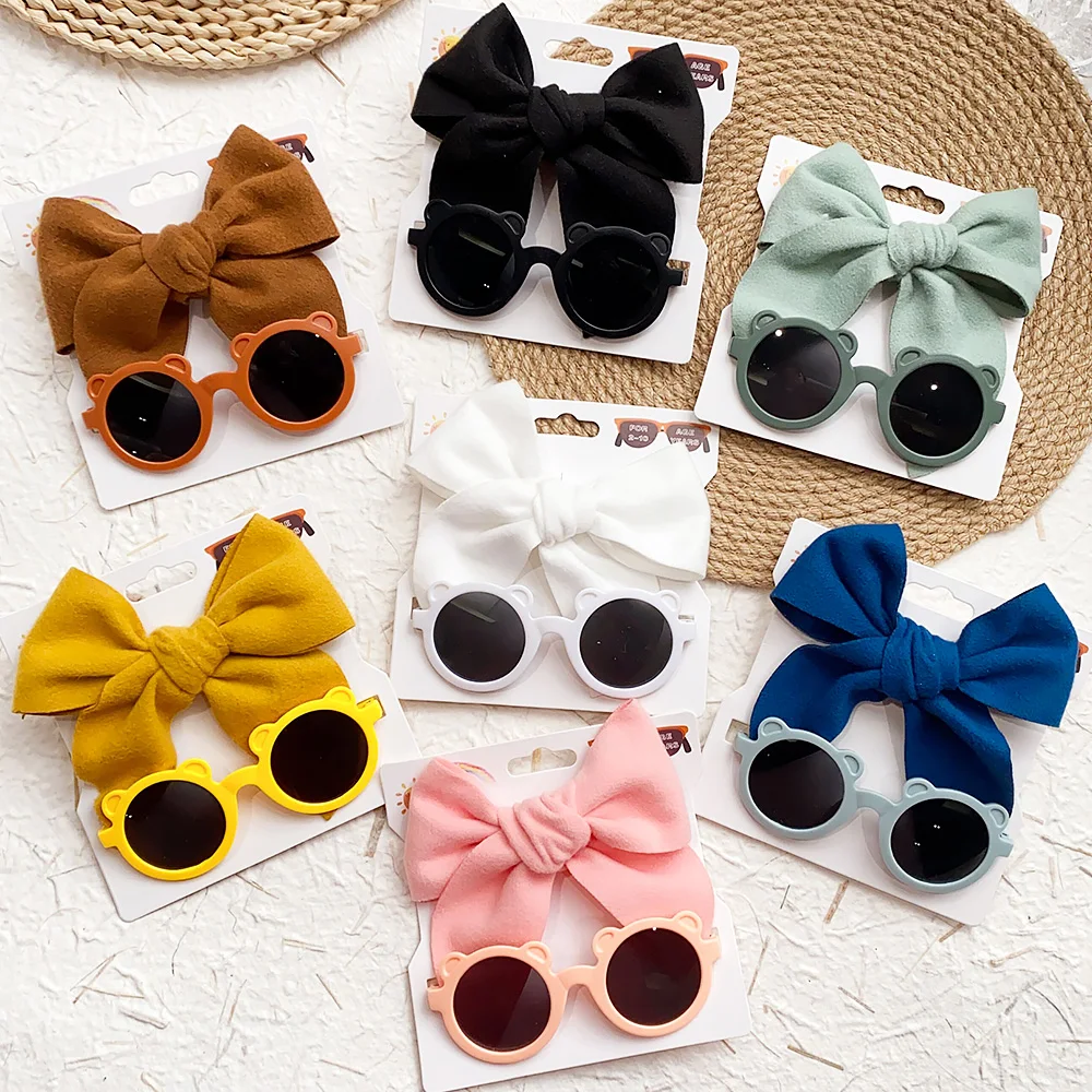 

2PCS Fashion Hair Accessories for Kids Solid Color Bow Hairclips Soft Nylon Hairpin for Girl Cartoon Personalized Sunglasses Set