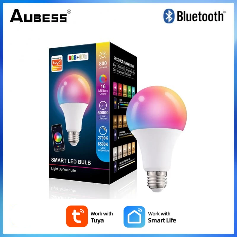 

Tuya 10W Bluetooth-compatible Smart Bulb Light E27 B22 RGB+CCT 85-265V LED Lamp Dimmable Work With Smart Life APP Home Decor
