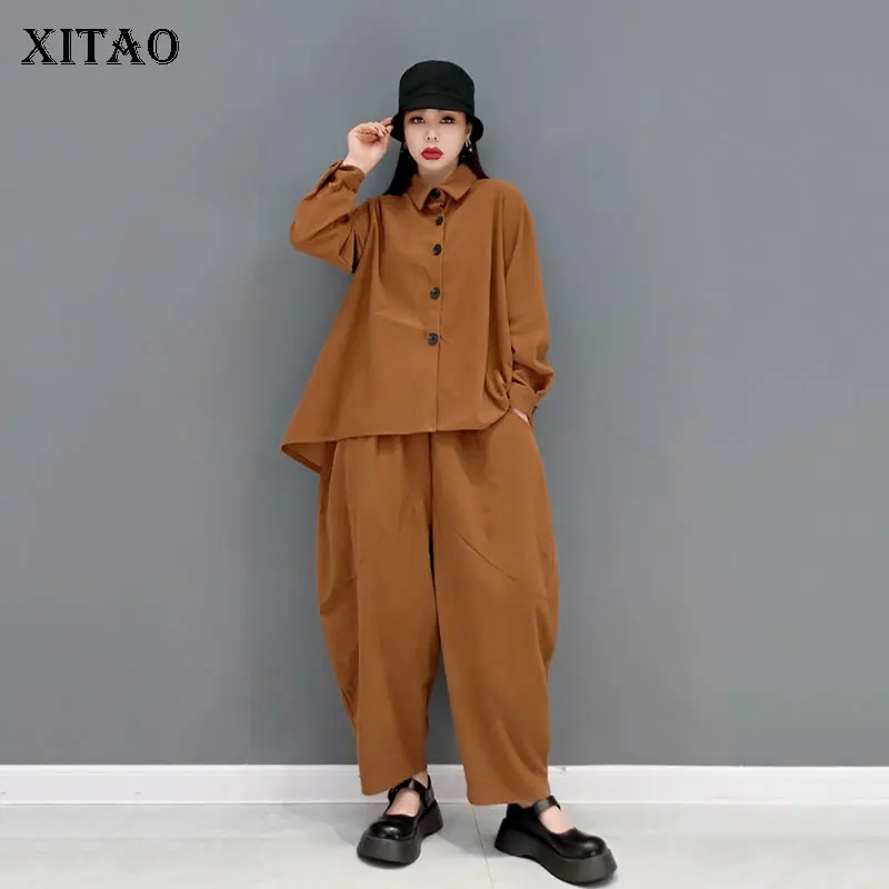 

XITAO Casual Pants Sets Fashion Loose Solid Color Irregular Shirt Two Pieces Suits Simplicity Match Harm Pants New WLD6633
