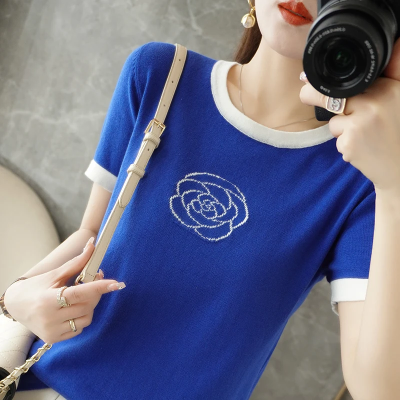 

Женская футболка, Новинка лета 100%, вязаный свитер из хлопка, Женские повседневные топы с коротким рукавом и вышивкой, футболки с круглым выр...