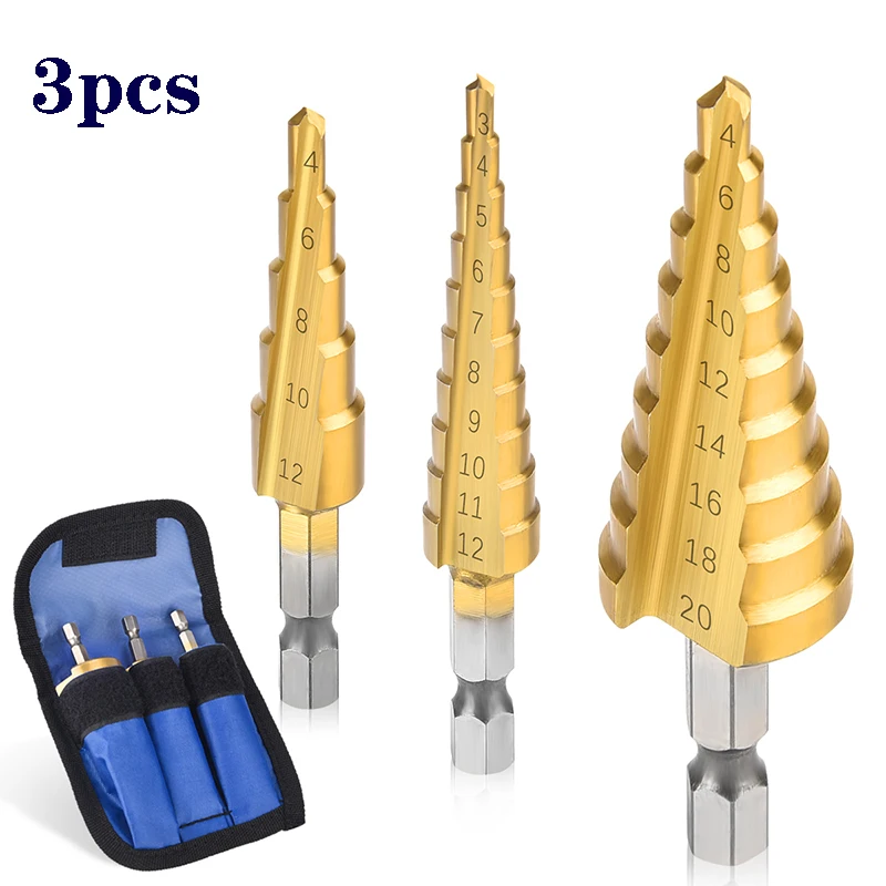 

3pcs High Speed Steel Straight Groove Hexagonal Shank Step Drill Bit 3-12/4/12/4-20mm Metal Tapered Drill Bit Tool Set