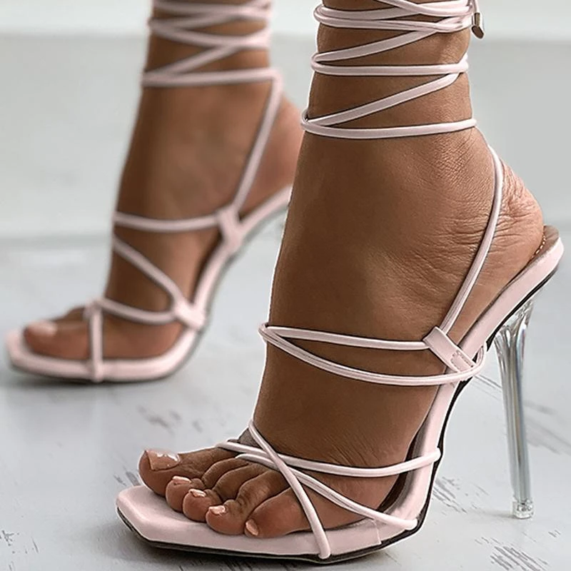 

Женские босоножки-гладиаторы на высоком каблуке, босоножки с перекрестной шнуровкой и кристаллами, туфли на шпильке до щиколотки, размер 43, ...