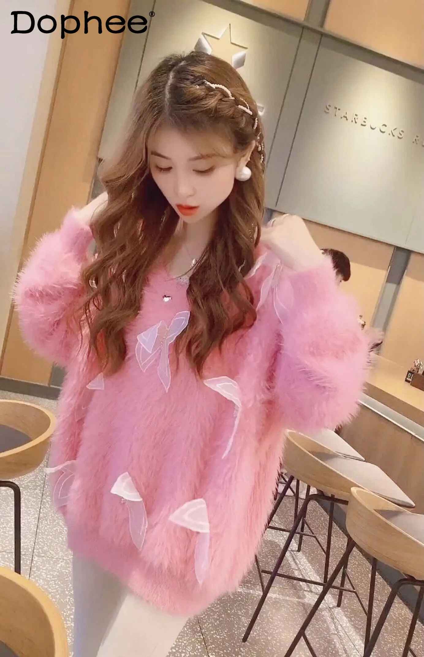 

Lazy High-Grade Chic Sweater Sweet Bow Design Kawaii Thick Warm Mink Cashmere Sweater Top Women's 2022 Autumn Winter New Clothes