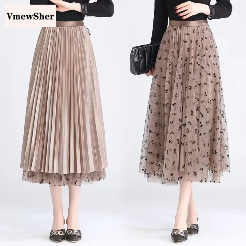 

VmewSher Both Sides Wear Bow Mesh Skirt Women Summer High Waist Mid-calf Long Lady Elegant Solid A Line Net Yarn Pleated Skirts