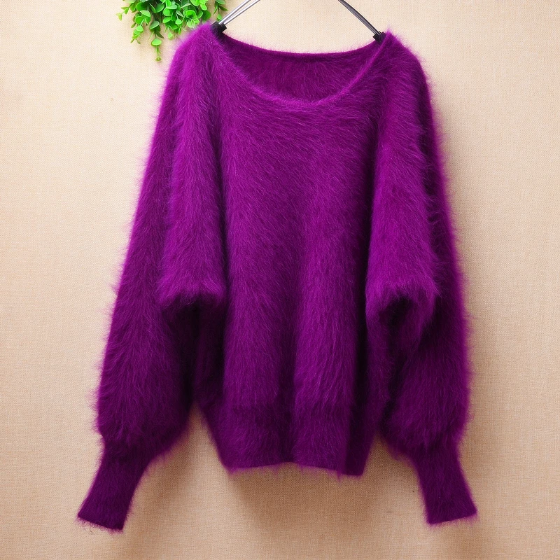 

female women fashion purple hairy mink cashmere knitted long batwing sleeves o-neck loose pullover angora fur jumper sweater top