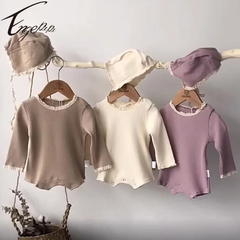 

wholesale Baby Boys Girls Rompers+Hat Girls Solid Color Jumpsuit Rompers Baby Long Sleeves Spring Autumn Rompers Pure Clothes