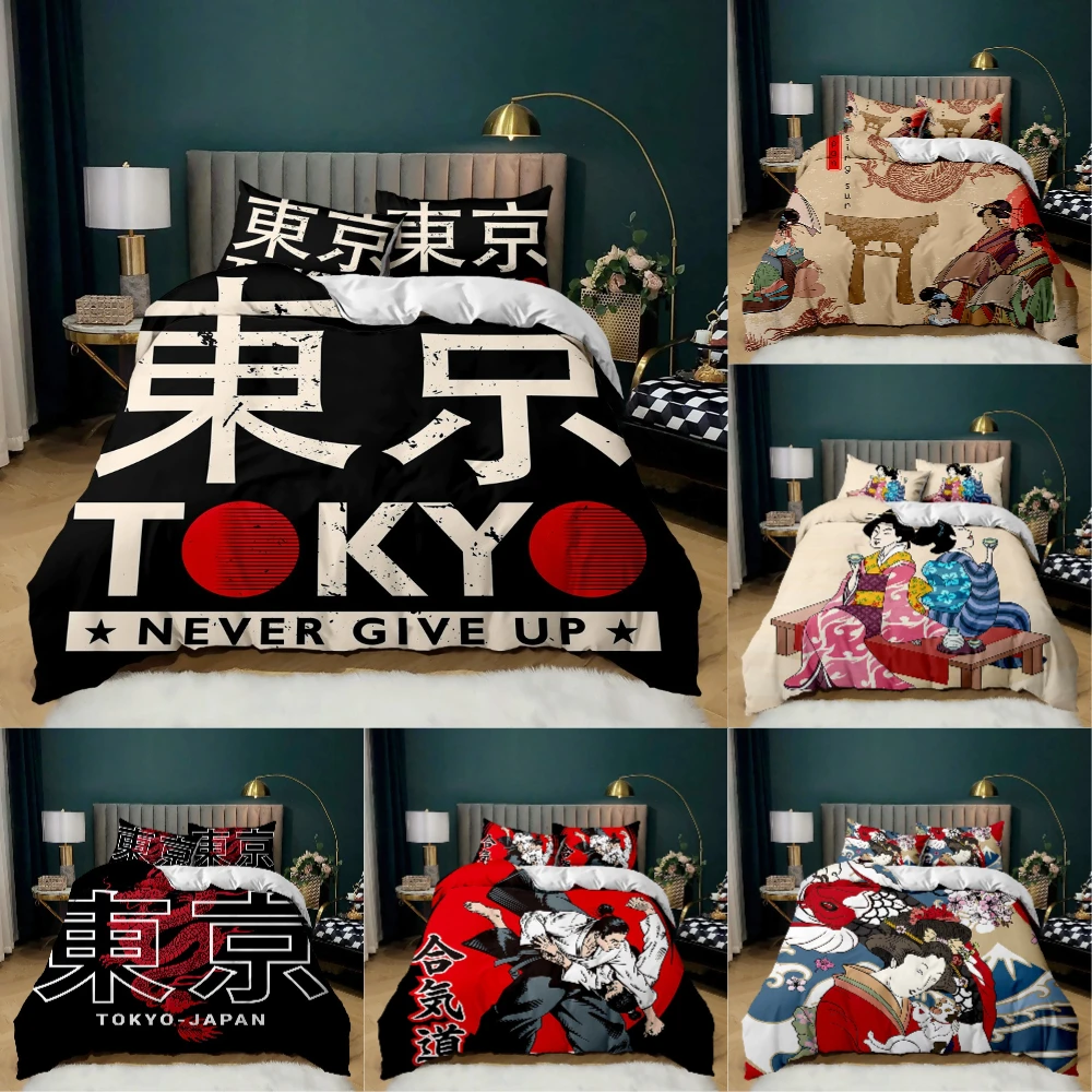 

Japanese Style Duvet Cover Traditional Kimono Motifs Comforter Cover Queen Tokyo Bedding Set Geisha Japan Polyester Quilt Cover