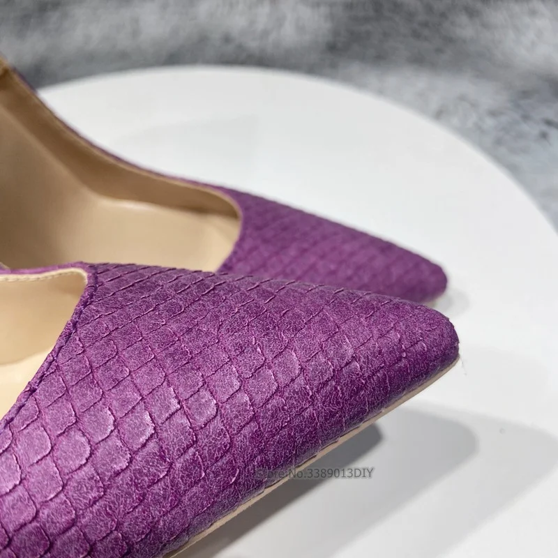 Blue Purple Snakeskin Pattern Leather Pointy Toe Silver High Heels Pumps Women Dress Shoes Stilettos Party Shoes 8Cm Heels