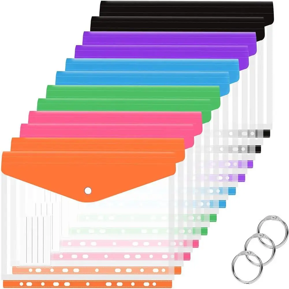 

12Pcs Expandable Binder Pocket A4 Clear Plastic Envelopes 11-hole Binder Document Contract Bag Clip With 3 Rings