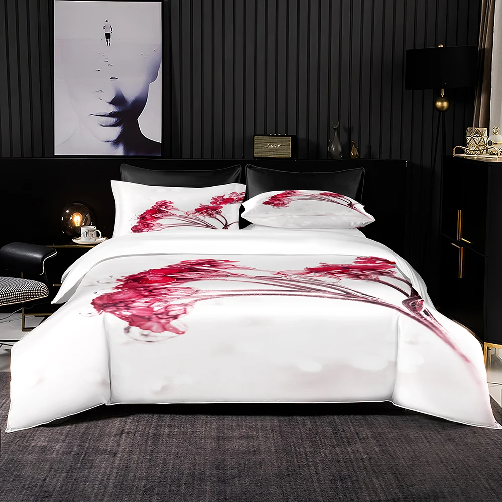 

Red Bouquet Pattern Bedding Set King Queen Double Duvet Cover Set Soft White Bedclothes 2-3pcs Exquisite Romantic Home Textiles
