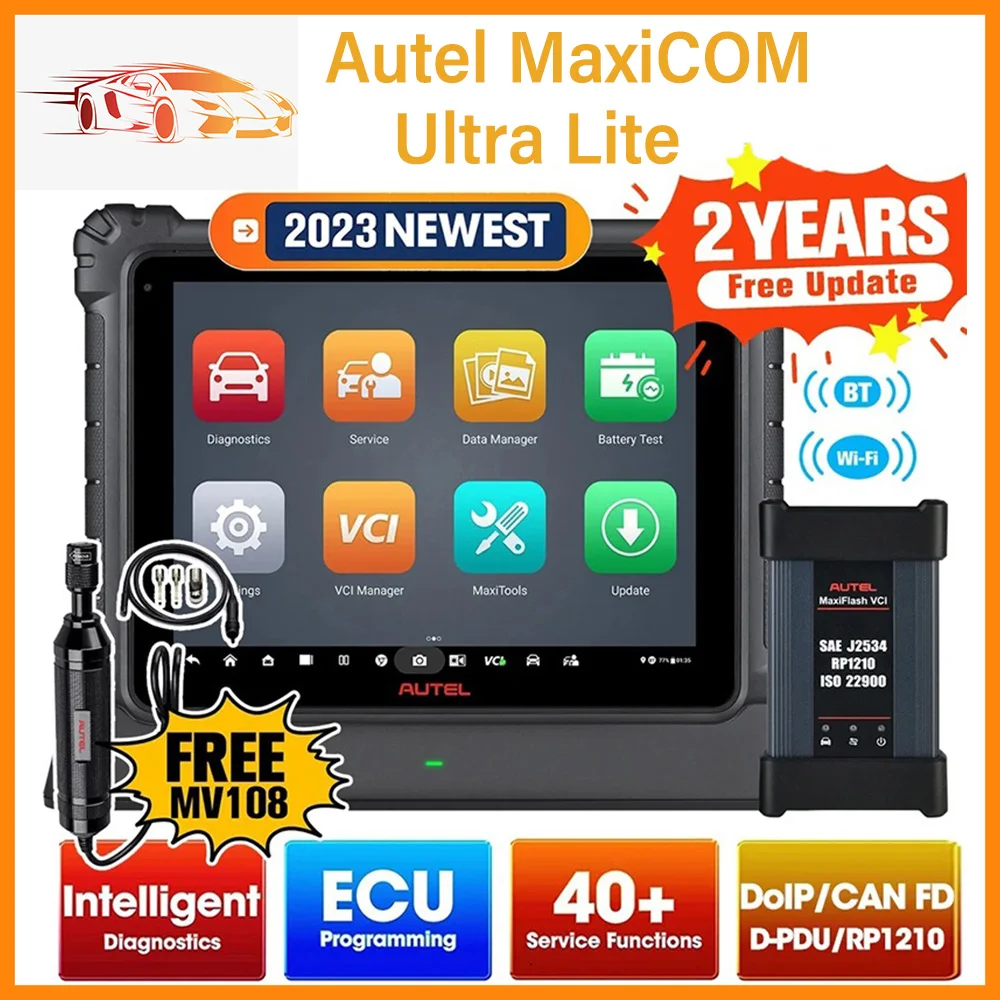 Инструмент диагностический Autel MaxiCOM Ultra Lite, 2023 г., интеллектуальный инструмент OBD2, многоязычная поддержка направляющих функций, максивидео MV108