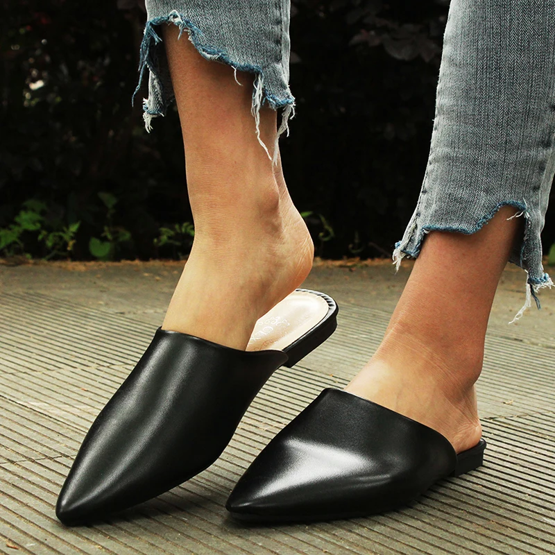 

Flat Shoes Mules For Women PU Leather Pointed Toe Slip On Sandalias Women Slipper Summer Sandals Women's Shoes(soft Leather )
