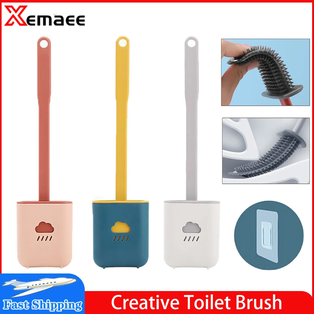

Toilet Brush Silicone Toilet Cleaner Wc Flat Head Soft Bristles Brush Leak Proof With Base Quick Drying Set Bathroom Accessory