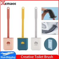 toilet brush silicone toilet cleaner wc flat head soft bristles brush leak proof with base quick drying set bathroom accessory