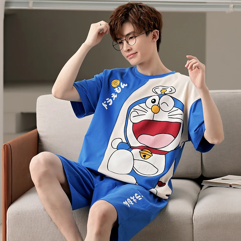 

New Summer Men Women Sleepwear Pijama Set Cartoon Doraemon Anime Pyjamas Suit Boy Cotton Loungewear Hombre Cotton Pijama