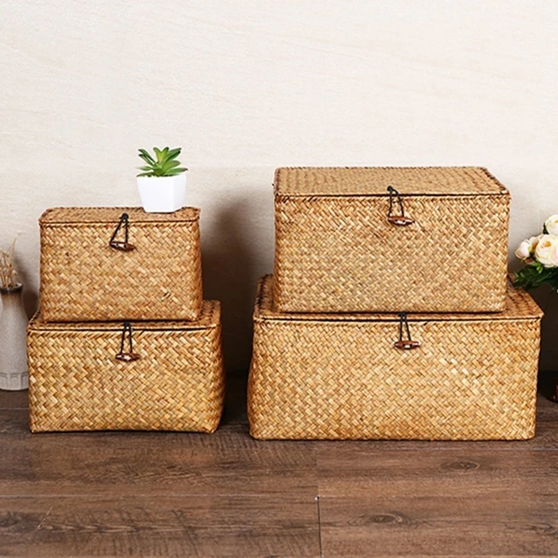 

Storage Basket Hand-woven Storage Box With Lid Sundries Cosmetic Organizer Rectangular Closet Organizer Laundry Basket