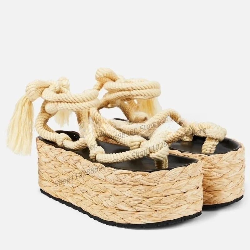 

Weave Platform Khaki Hand Knitting Fringe Decor Sandals Flat with Cut Heel Women Shoes Open Toe 2023 Fashion Zapatos Para Mujere