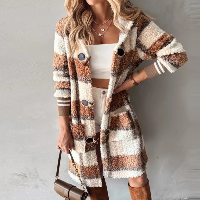 

Женское шерстяное пальто на пуговицах, теплый длинный кардиган в клетку, с длинным рукавом и капюшоном, в стиле ретро, Осень-зима