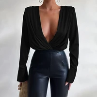2022 spring new casual womens fashion v neck pleated shirt suit fashion sexy bodysuit suit