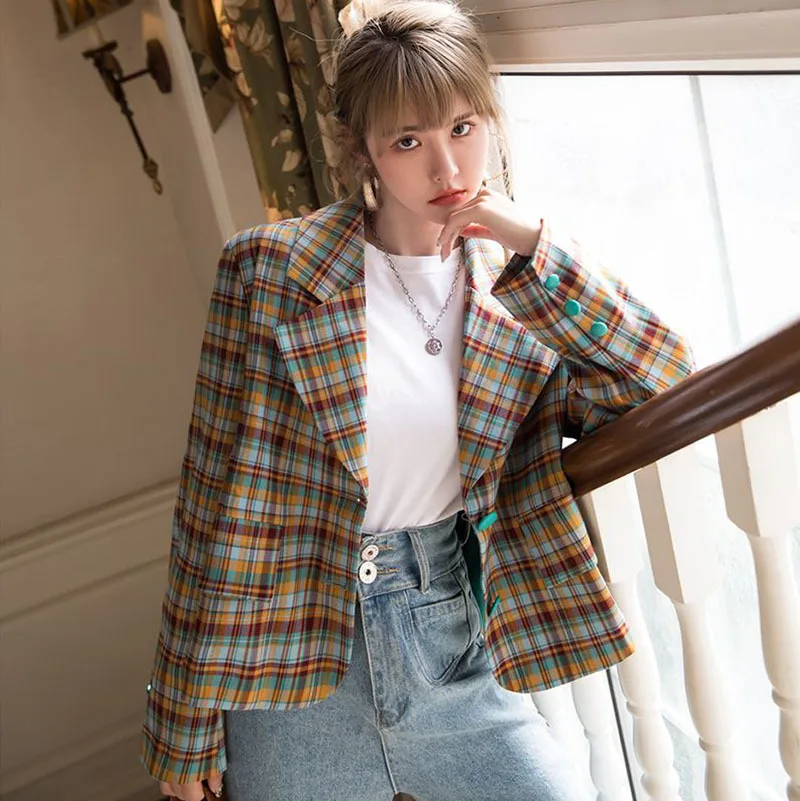 

Vintage Color Matching Plaid Short Suit Jacket Women Casual Notched Collar Loose Long Sleeve Blazer Spring Female Korean Outwear