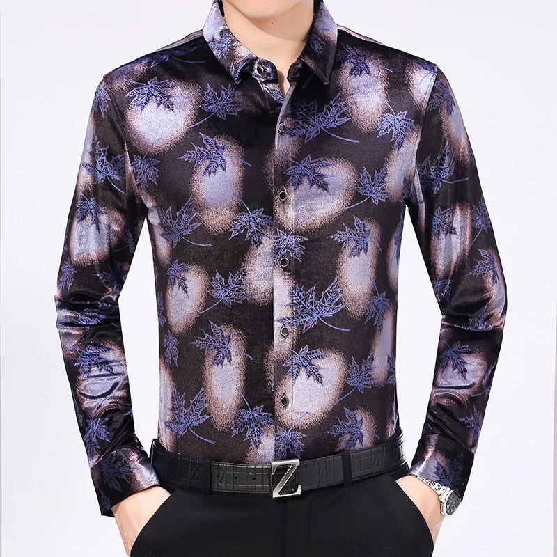 

Luxury Print Velvet Shirt for Men Fashion Slim Fit Long Sleeve Casual Dress Shirt Social PartyTuxedo Blouse Camisas Para Hombre