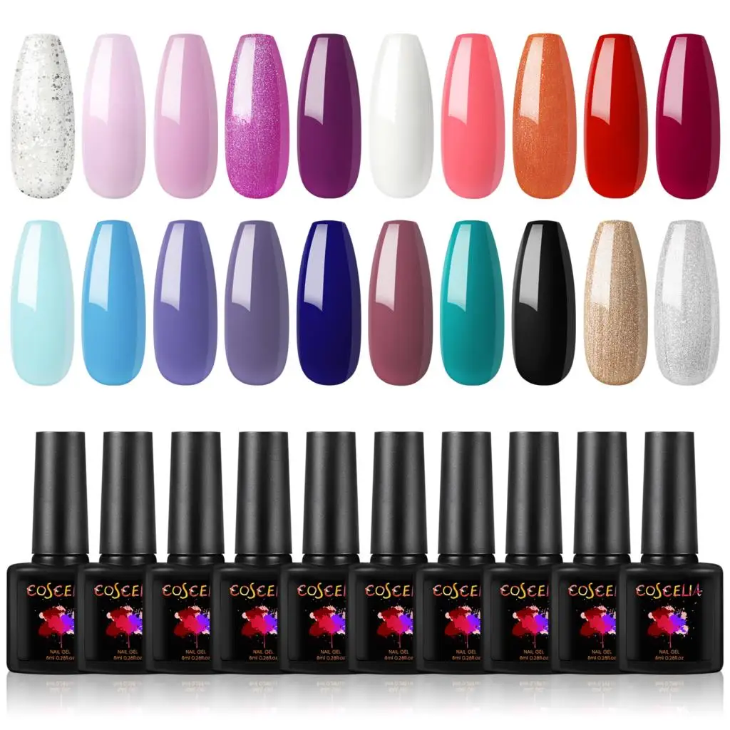 

COSCELIA Soak Off Nail Gel Polish Kit 20 Colors Glitter Gel Varnish Kit Nail Art Design UV Gel DIY Tools Professional Manicure
