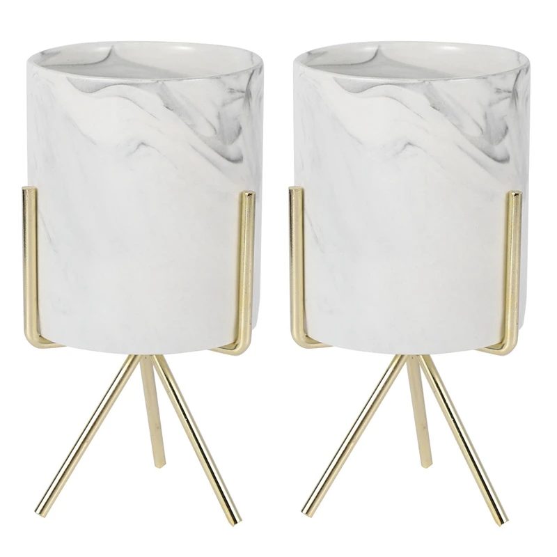 2X Nordic Home Minimalist Style Marble Vase Wrought Iron Tabletop Succulent Flower Pot Gold + White Ceramic L