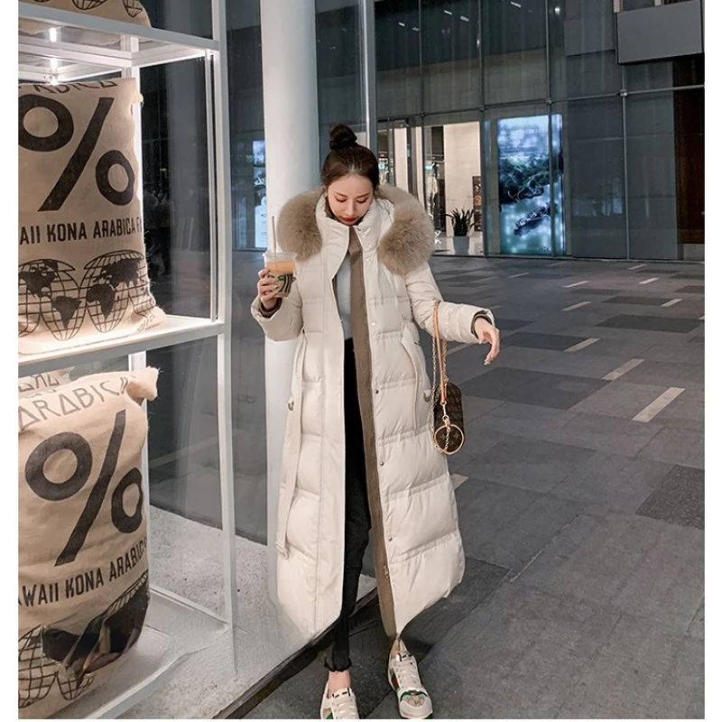 

Fox Feather Collar Down Jacket for Women 2022 New Korean Fashion Medium Long White Duck Down Street Parka Coat