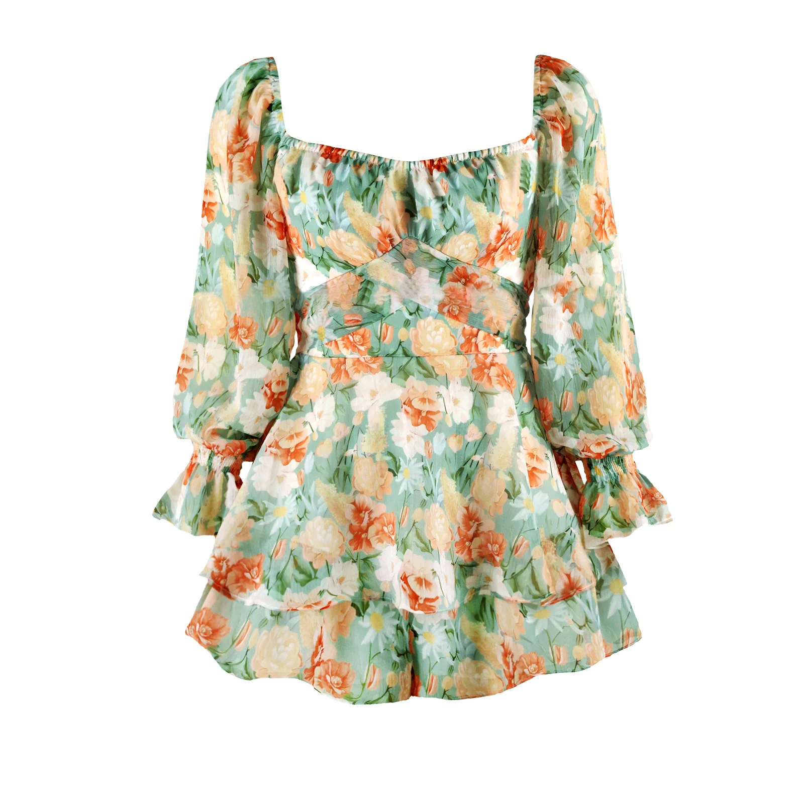 Women's Summer Floral Playsuits Lady Sweet Long Sleeve Square Neck Wide Leg Rompers Streetwear Holiday Shorts Jumpsuits