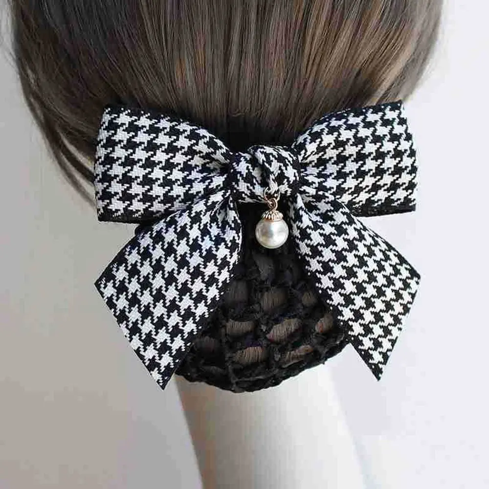 

Houndstooth Bun Net Snood Bow Spring Clip Korean Style Headdress Women Hairpin Gift For Mom Nurses