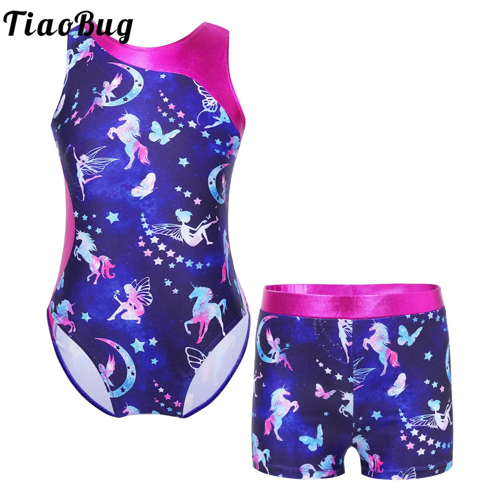 

Kids Girls 2Pcs Gymnastics Yoga Leotard Outfit for Training Sleeveless One Piece Bodysuit Jumpsuit with Shorts Sport Sets