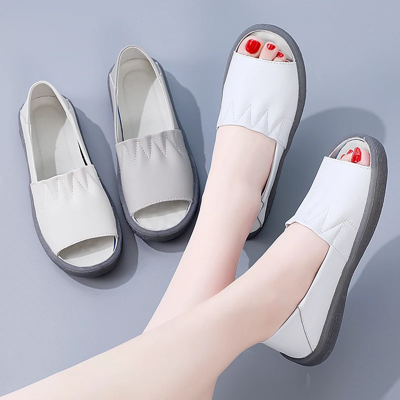 New Summer Sandals For Women Real Leather Slip On Peep Toe Soft Fish Mouth Loafers Confortable Ladies White Shoes Large Size 41