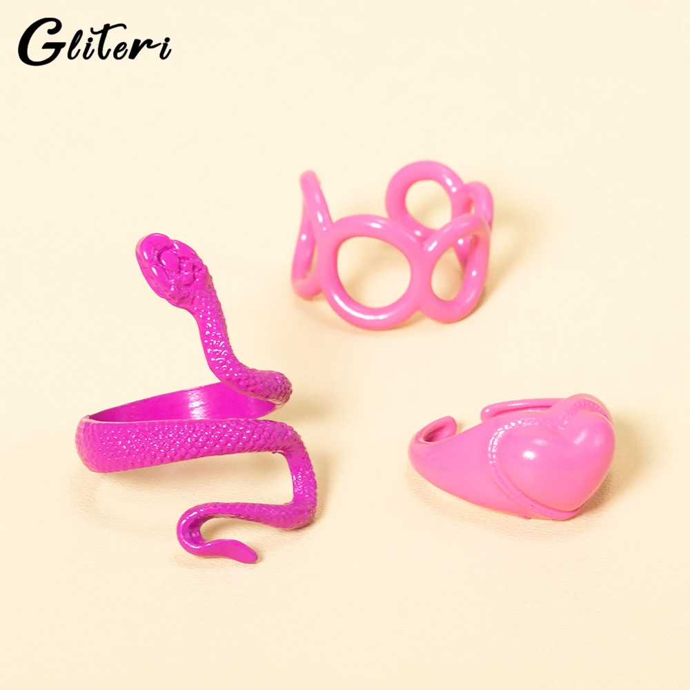 

GEITERI 3Pcs/Set INS Style Snake Rings Set For Women Girls Pink Heart Love Geometric Open Finger Rings Trendy Jewelry Party Gift