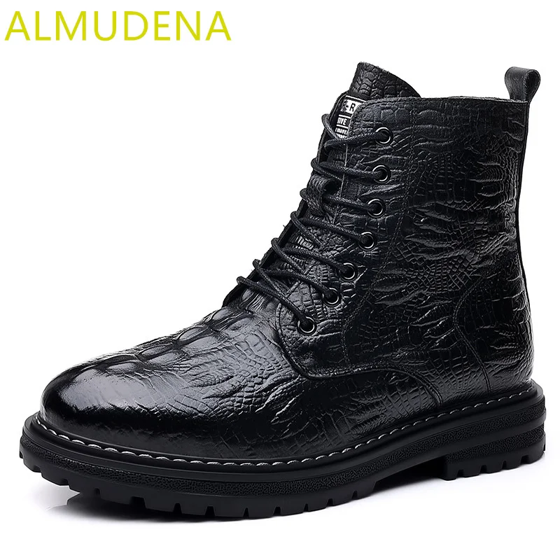 Winter Men Boots Genuine Leather Shearling Crocodile Pattern Side Zip Outside Solid Boots Ankle Round Toe Keep Warm Leisure Shoe