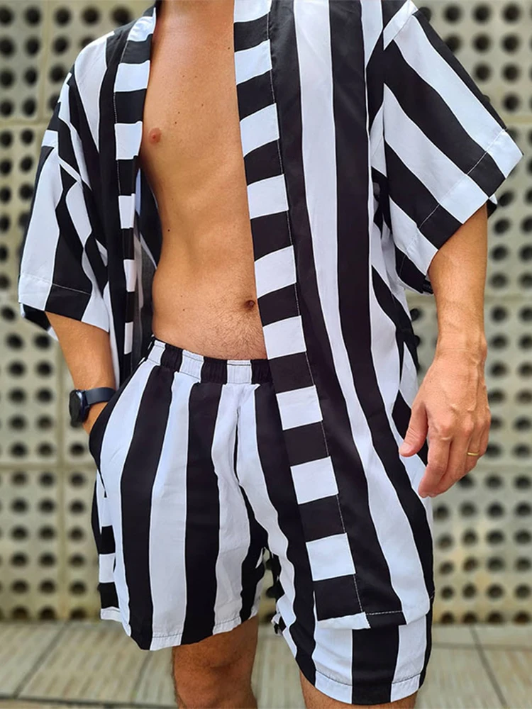 

2022 Male Summer Street Suits New Men Hawaiian Print Suits Summer Male Fashion Beach Short Sleeve Tops+High Waist Two Piece Set