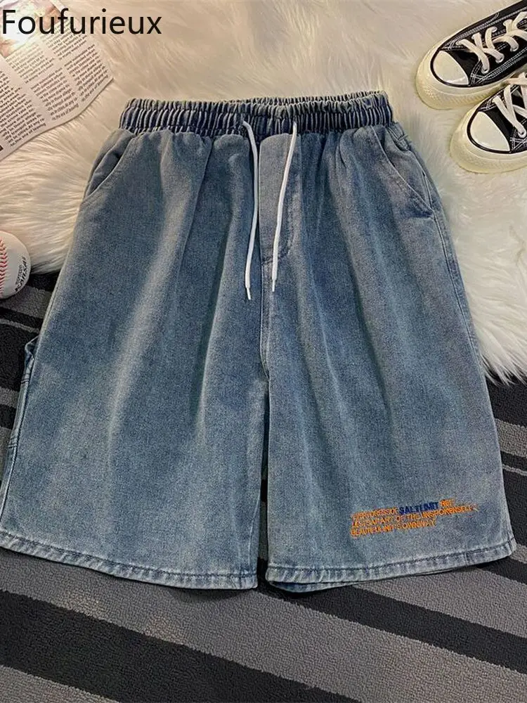 

Foufurieux Men Denim Shorts Summer Fashion Cargo Summer Casual High Waist Shorts Wide Loose Jeans Men Shorts Streetwear Denim