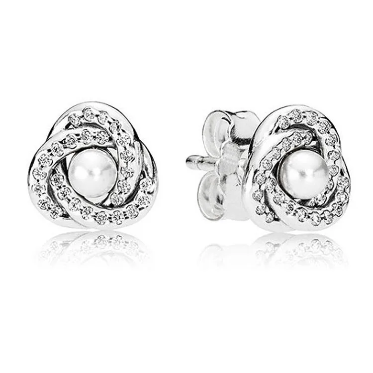 

Authentic 925 Sterling Silver Moments Interlinked Circles With Pearl Crystal Stud Earrings For Women Wedding Fashion Jewelry