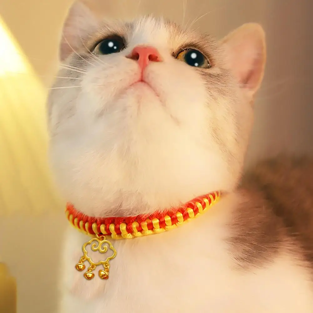 

Pet Collar with Bells Adjustable Handmade Braided Festive Longevity Lock Pendant Small Dog Puppy Cat Necklace for New Year