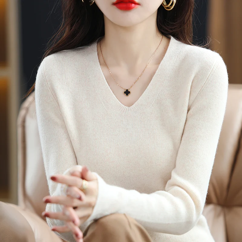 

Осенне-зимний новый вязаный кашемировый свитер с V-образным вырезом женский толстый свитер из чистого кашемира свободная универсальная облегающая нательная рубашка