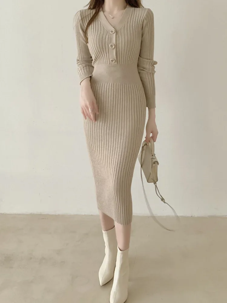 

Autumn And Winter Women's V-Neck Stretch Knitted Long Dress 2023 New Korean Fashion Full Sleeve Slim Casual Sweater Dresses