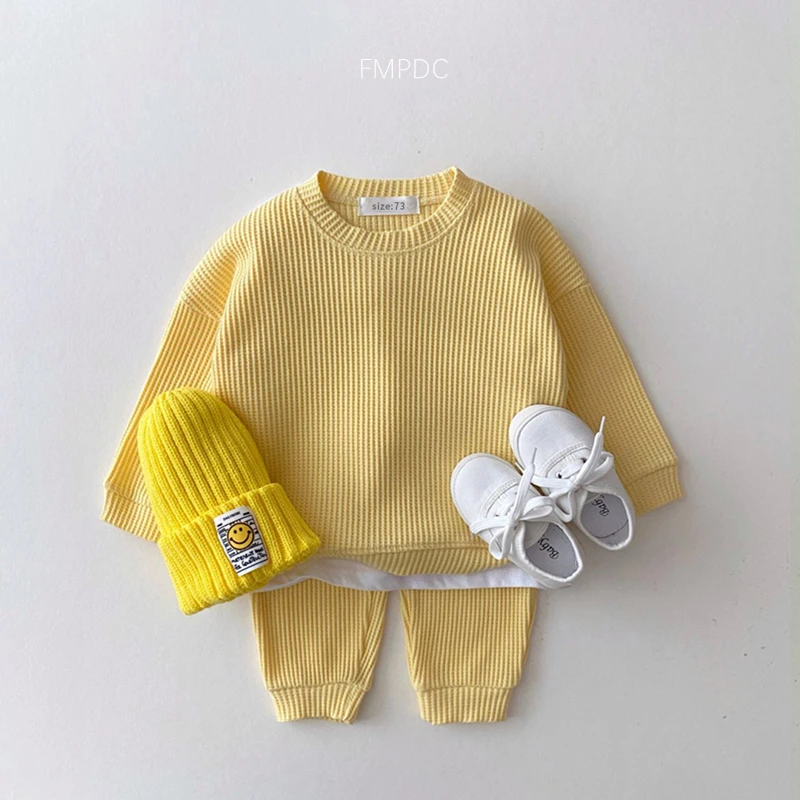 2022 Korean Baby Cotton Kintting Clothing Sets Mock Two-piece Waffle Cotton Kids Boys Girls Clothes Sets Tracksuit Tops+Pants
