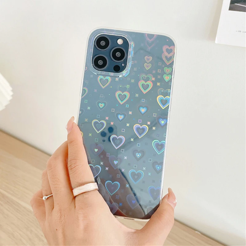 

Gradient Laser love Heart Pattern Phone Case For iPhone 13 11 12 Pro Max XS Max XR X 7 8 Plus SE Clear case funda For iPhone 13
