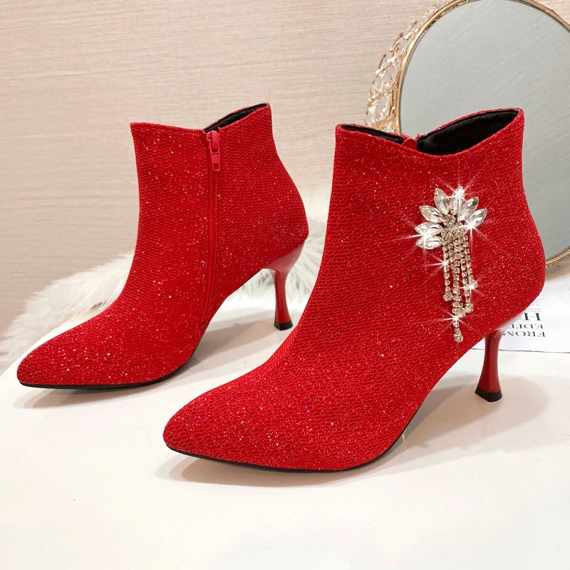 

2022Women's Rubber Boots Shoes Zipper Crystal Red Woman Booties Rain Med Rhinestone Pointy Ankle High Heel Sexy Fabric Thin
